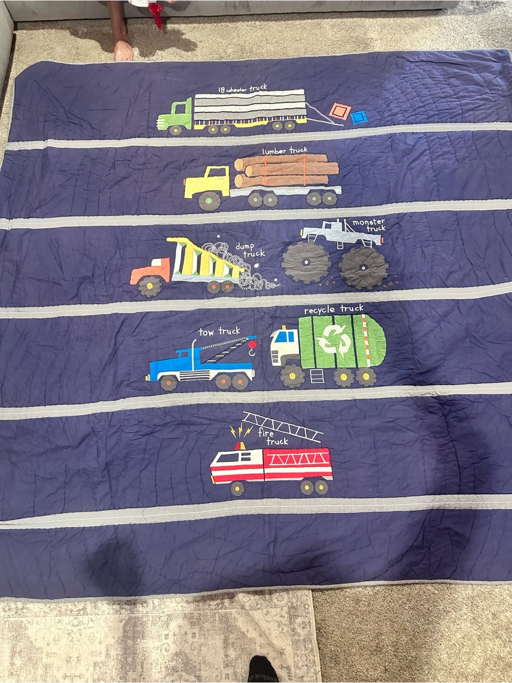 Pottery Barn Kids Navy Truck Stripe Quilt with Colorful Vehicle Appliqués
